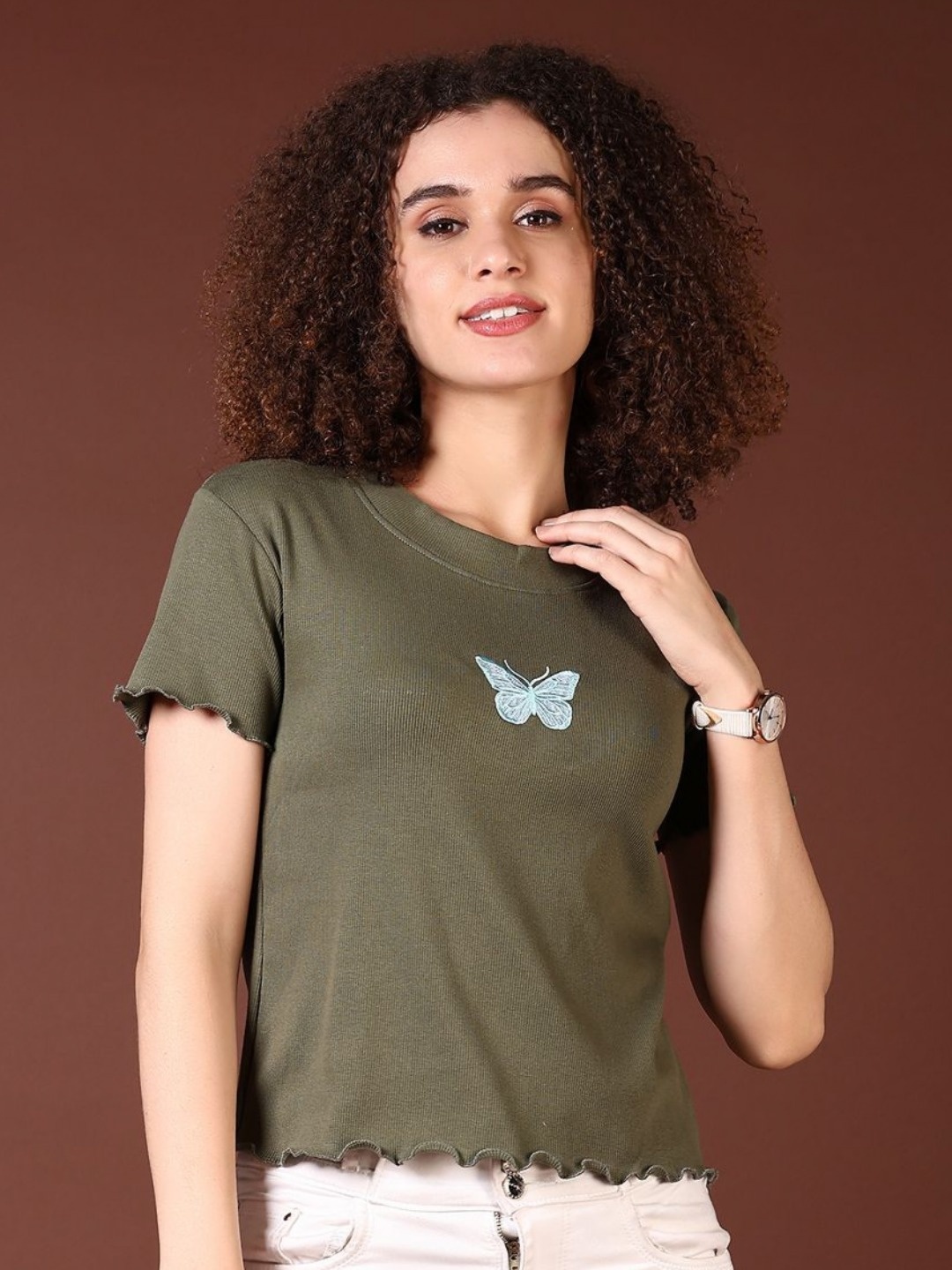 

V-Mart Women Self Design Round Neck Cotton T-shirt, Olive