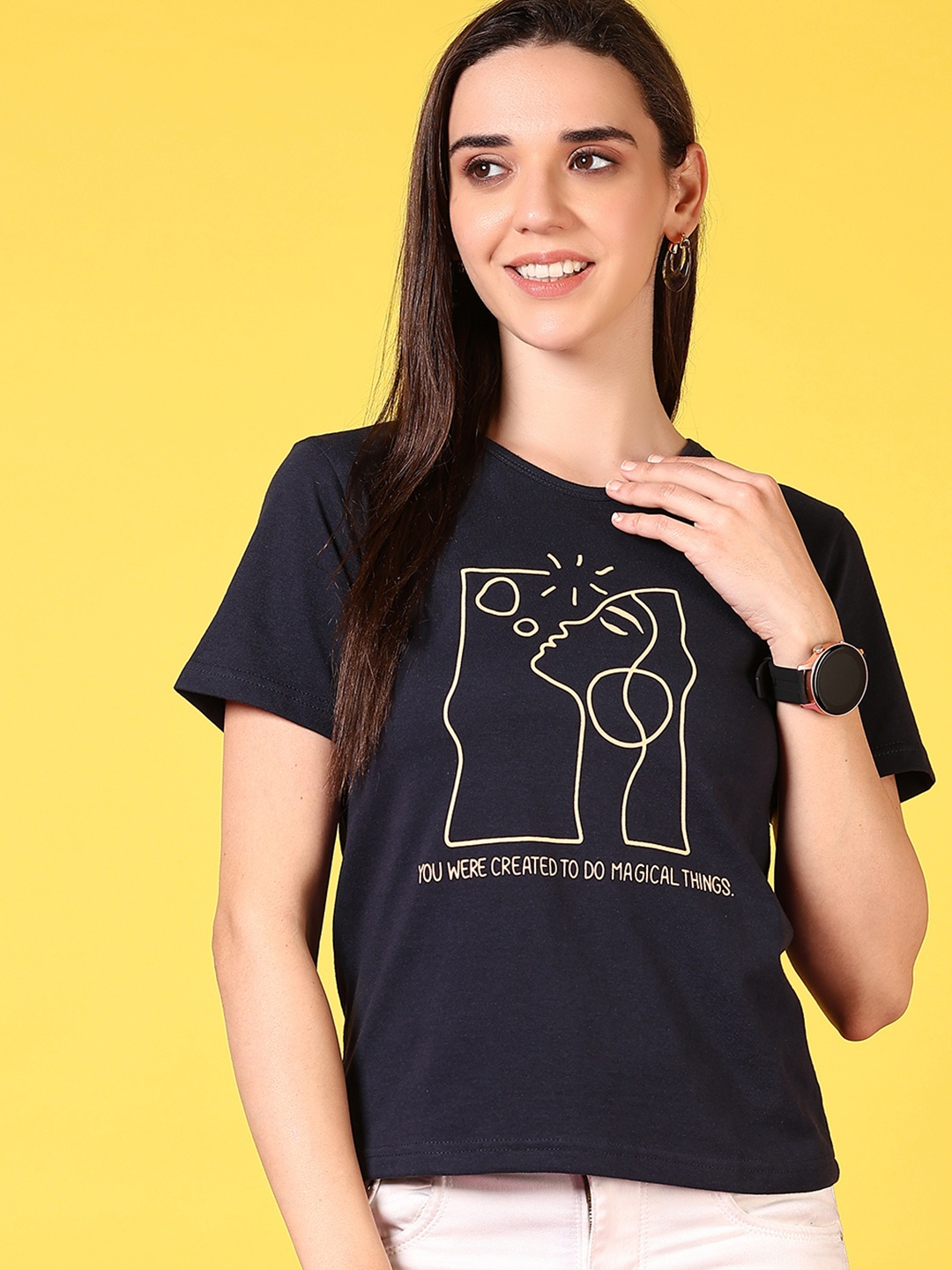 

V-Mart Women Graphic Printed Round Neck Cotton T-shirt, Navy blue