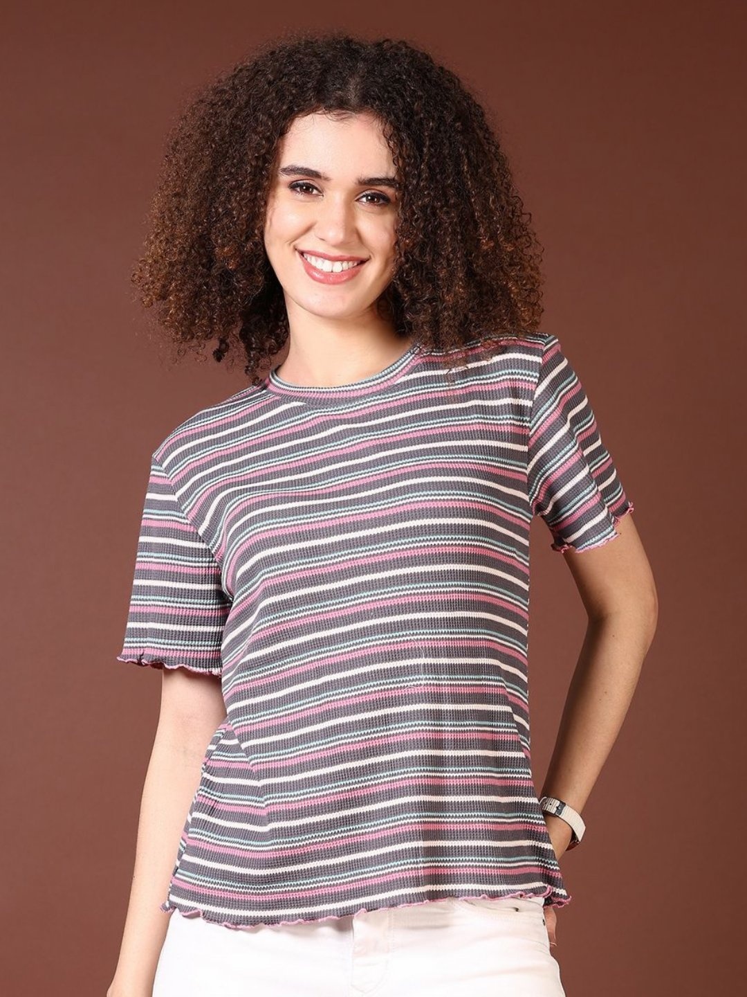 

V-Mart Women Striped Round Neck Cotton T-shirt, Grey
