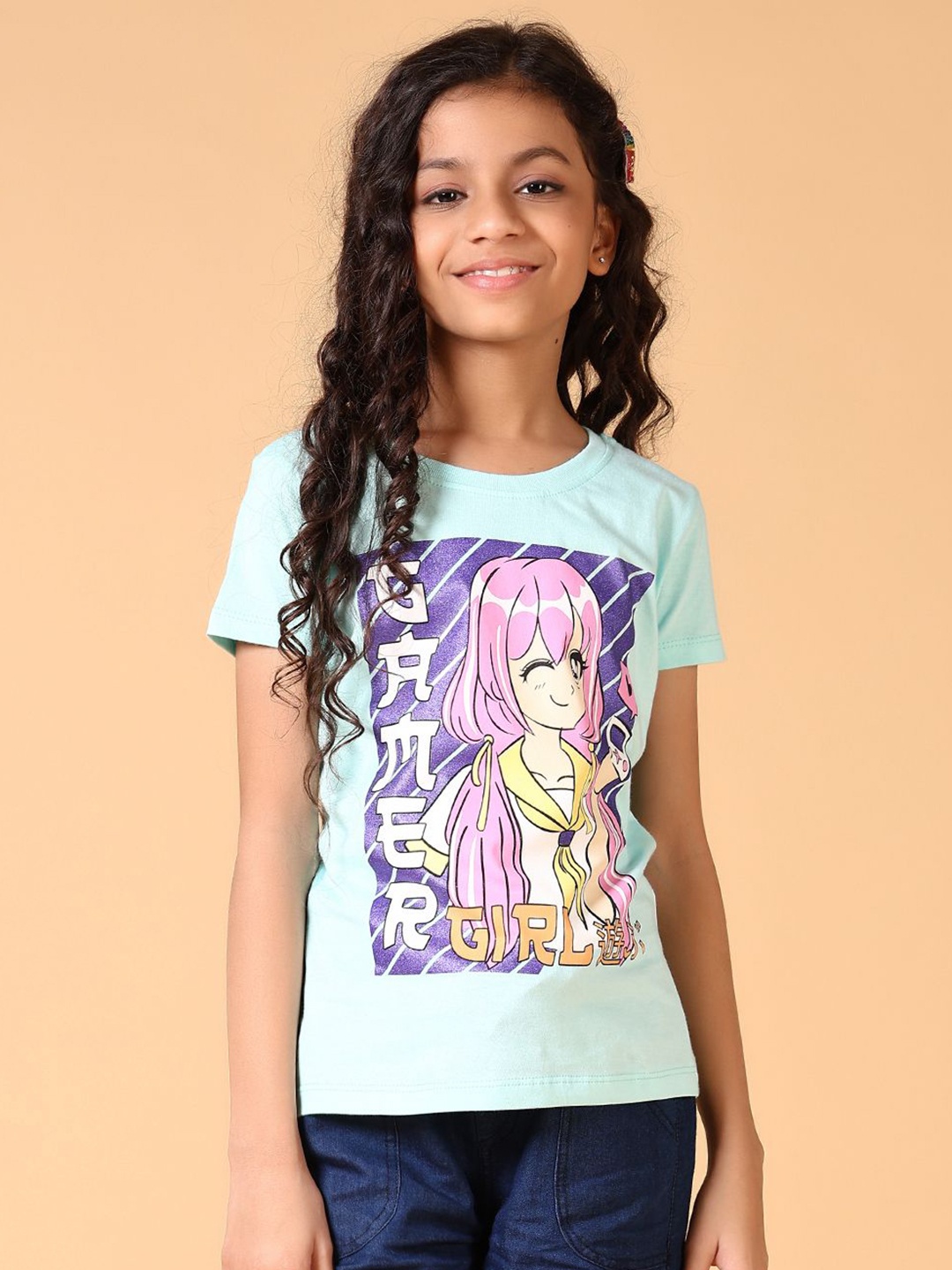 

V-Mart Girls Graphic Printed Round Neck Cotton T-shirt, Turquoise blue
