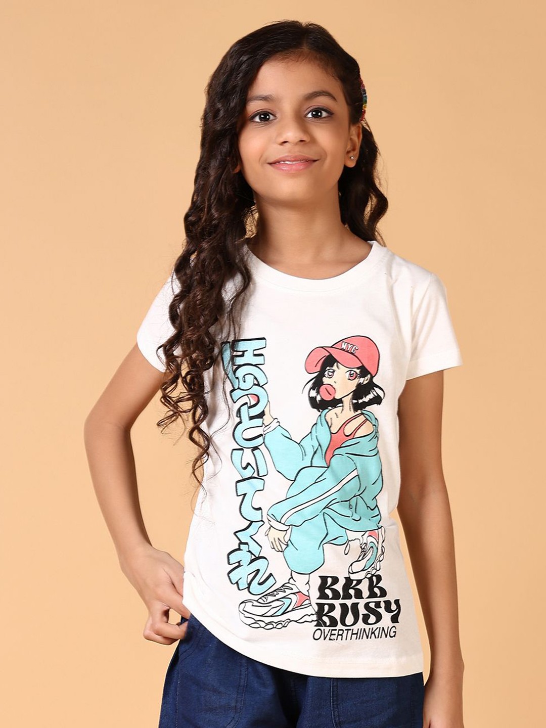 

V-Mart Girls Graphic Printed Round Neck Cotton T-shirt, White
