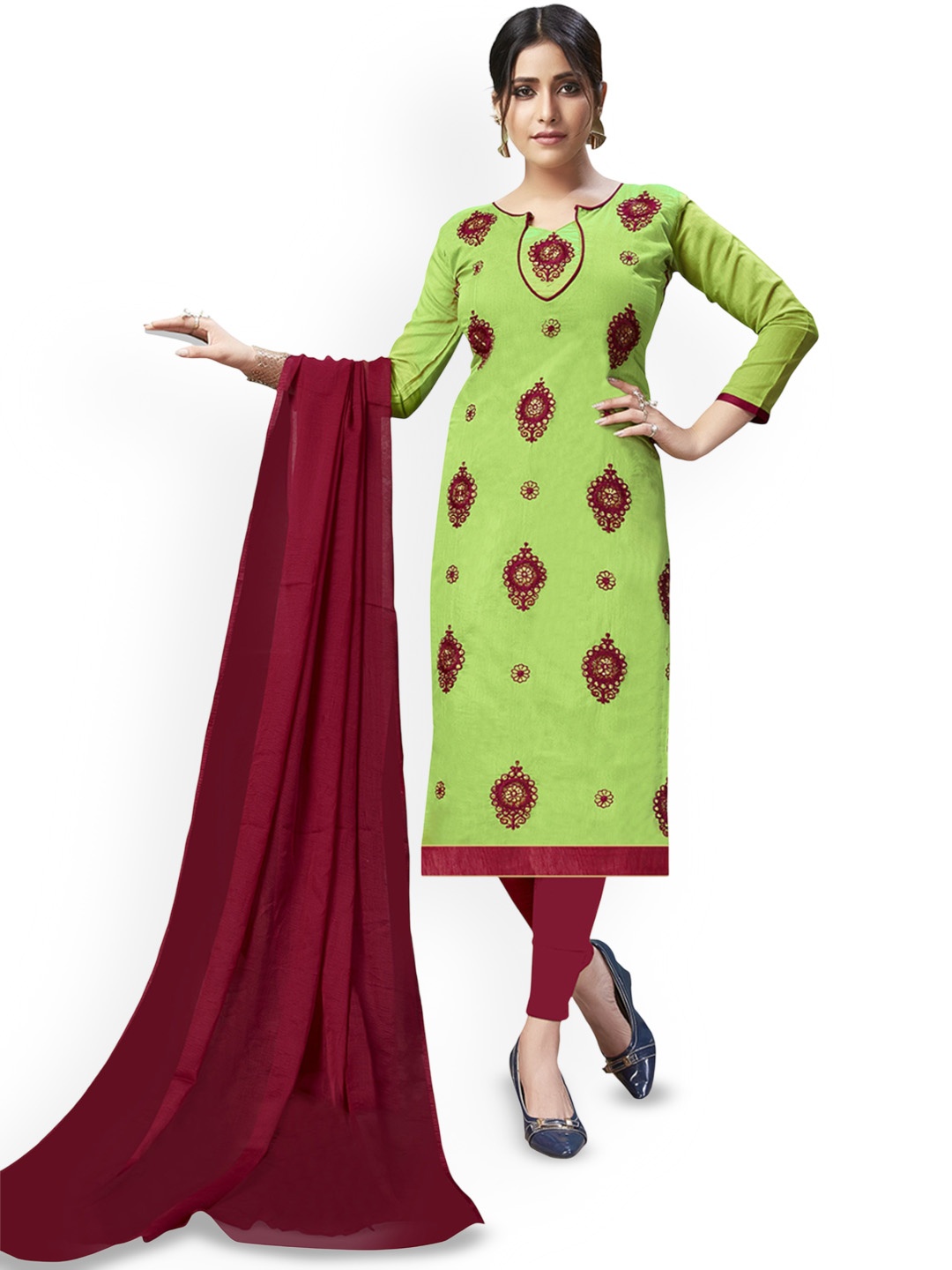 

A TO Z CART Floral Embroidered Silk Chiffon Unstitched Dress Material, Sea green