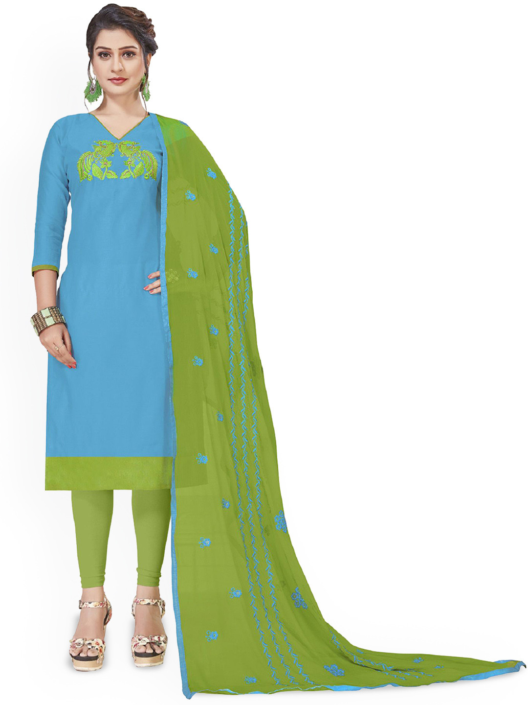 

A TO Z CART Ethnic Motifs Chanderi Embroidered Pure Silk Unstitched Dress Material, Blue