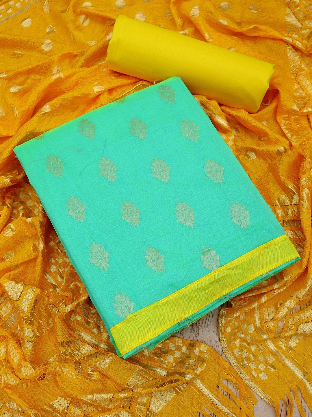 

A TO Z CART Ethnic Motifs Woven Design Pure Silk Unstitched Dress Material, Sea green