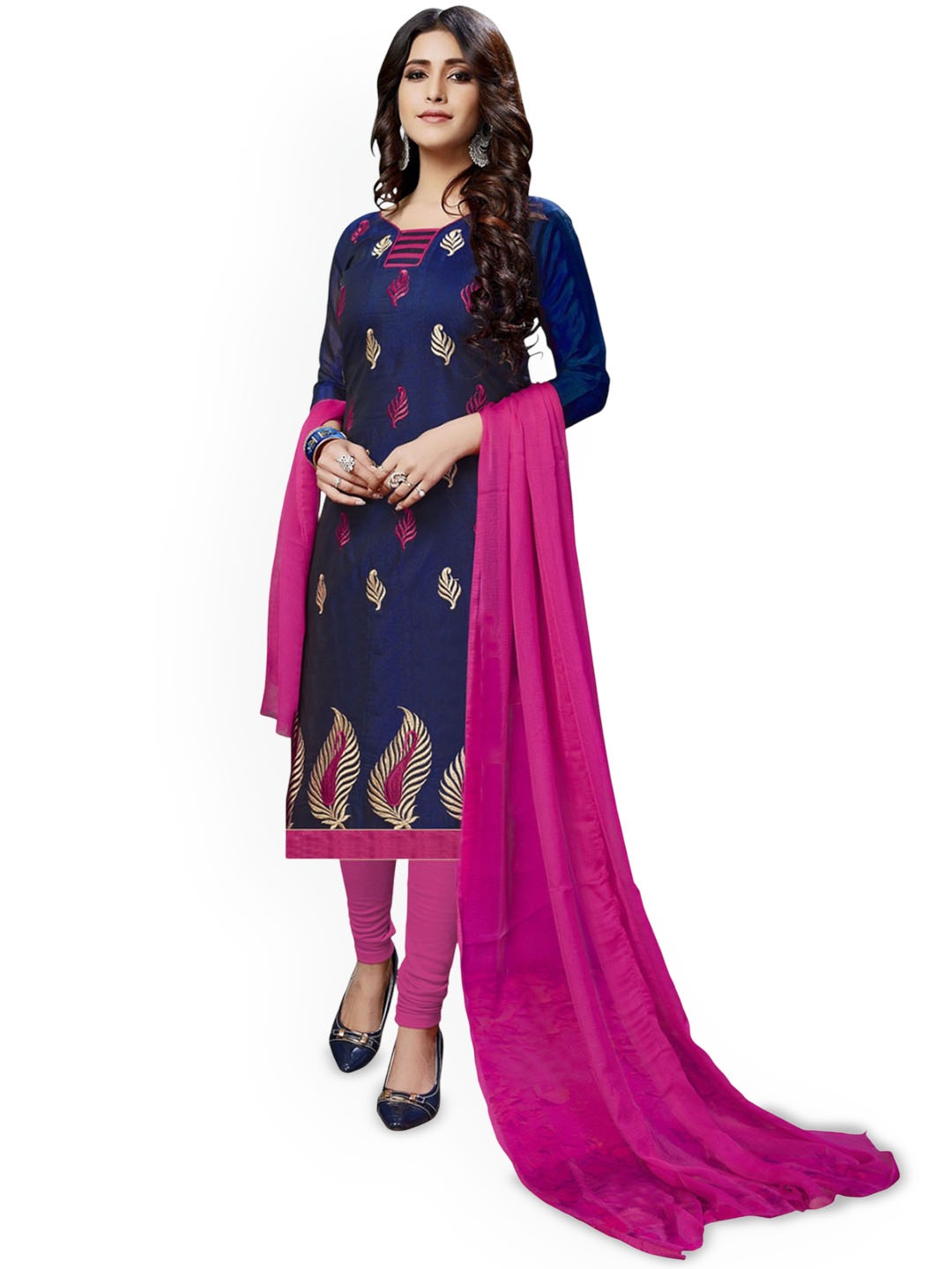 

A TO Z CART Ethnic Motifs Embroidered Silk Chiffon Unstitched Dress Material, Blue