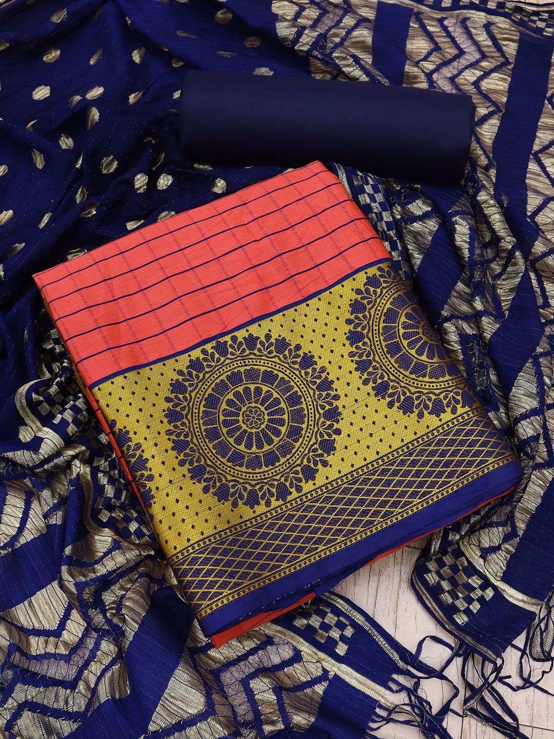 

A TO Z CART Ethnic Motifs Woven Design Jacquard Pure Silk Unstitched Dress Material, Pink