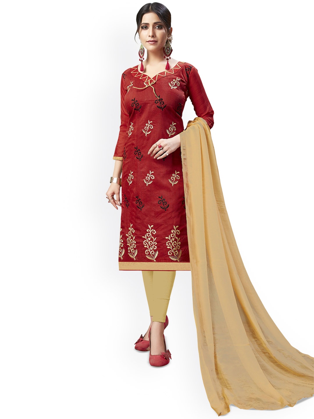 

A TO Z CART Floral Embroidered Silk Chiffon Unstitched Dress Material, Maroon