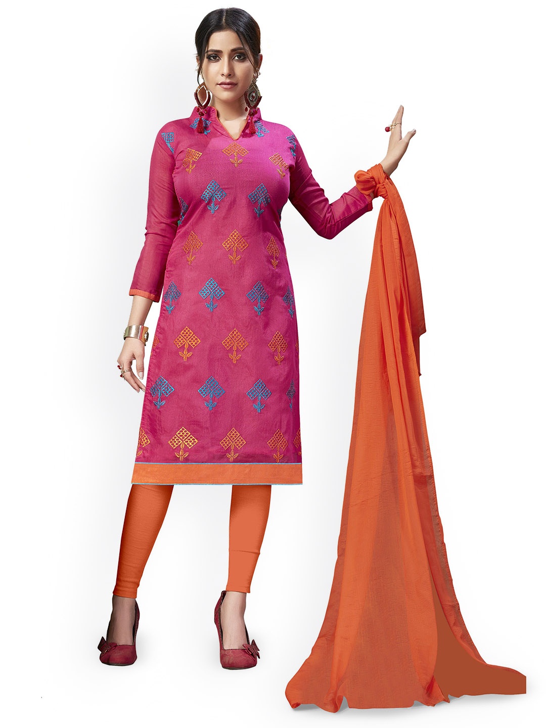 

A TO Z CART Ethnic Motifs Embroidered Silk Chiffon Unstitched Dress Material, Pink