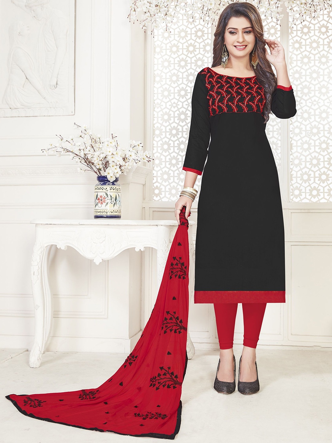 

A TO Z CART Floral Embroidered Silk Chiffon Unstitched Dress Material, Black