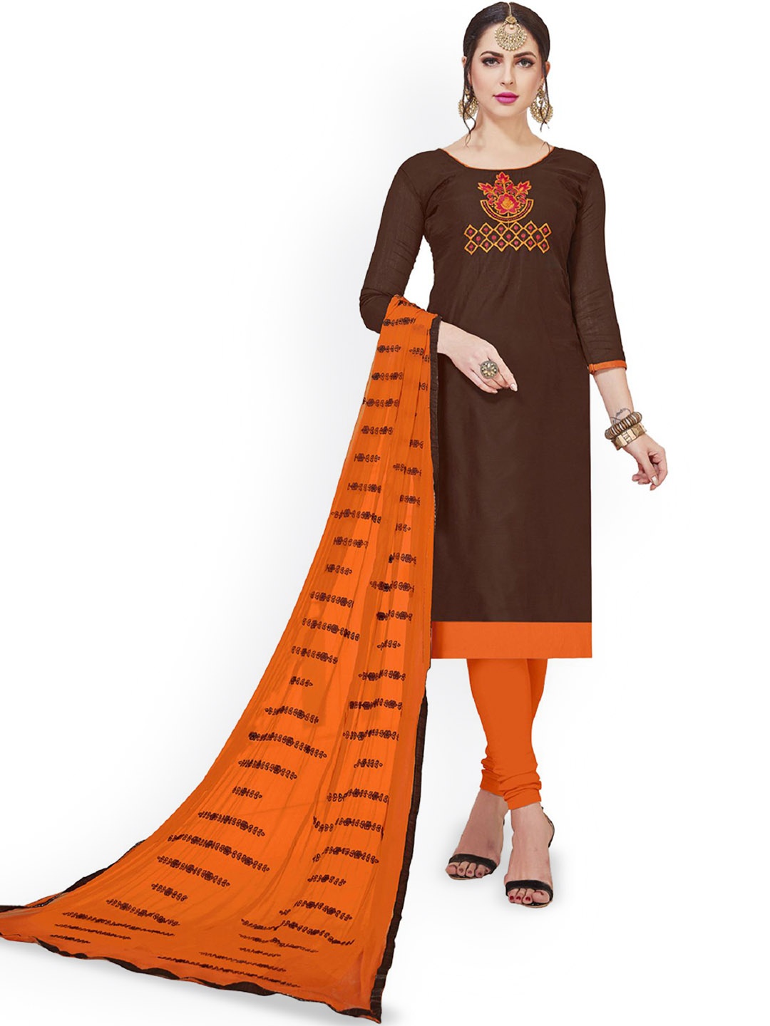 

A TO Z CART Ethnic Motifs Chanderi Embroidered Pure Silk Unstitched Dress Material, Brown