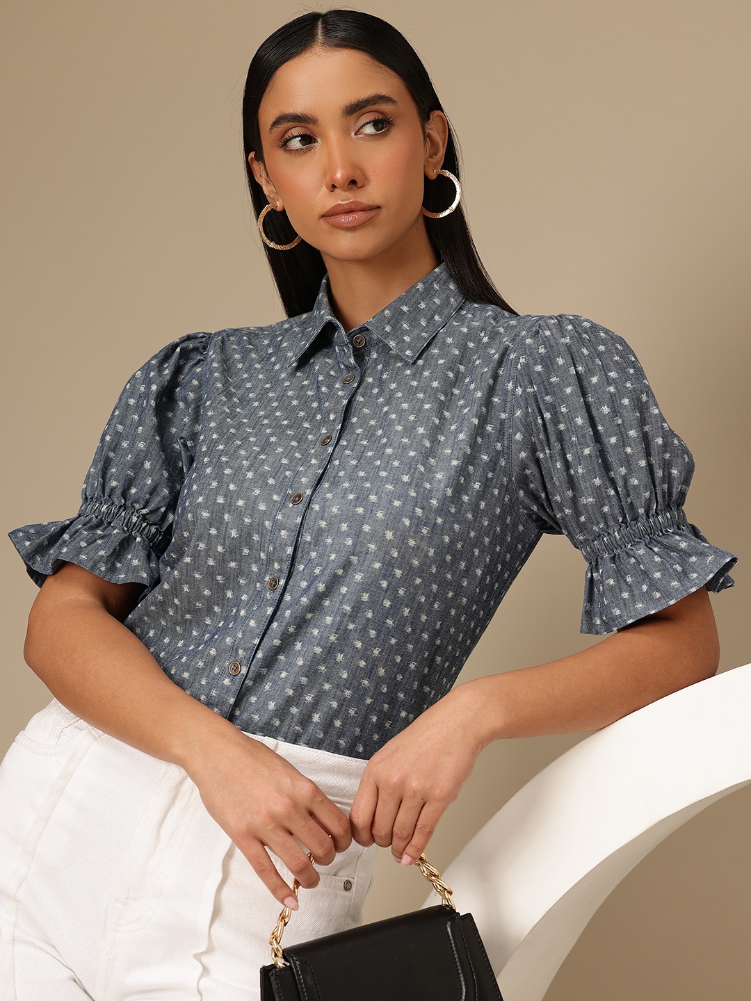 

Chemistry Standard Printed Puff Sleeve Denim Pure Cotton Casual Shirt, Blue