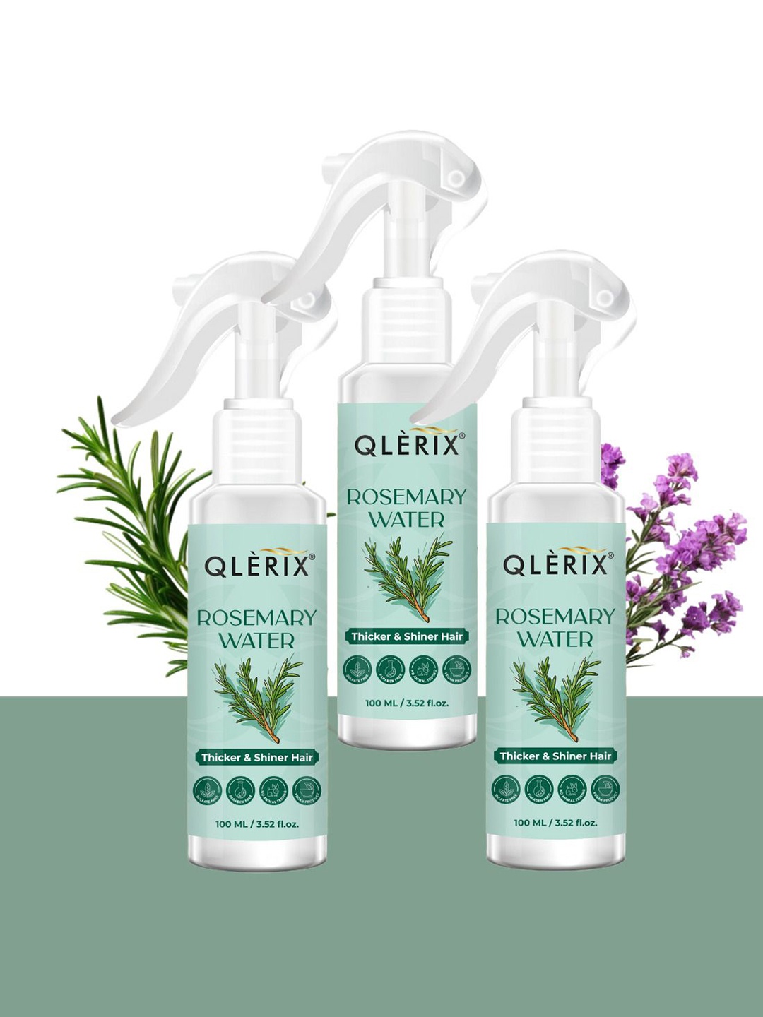 

QLERIX Set Of 3 Rosemary Water Spray For Thicker- Shiner & Stronger Hair - 100 ml Each, Transparent