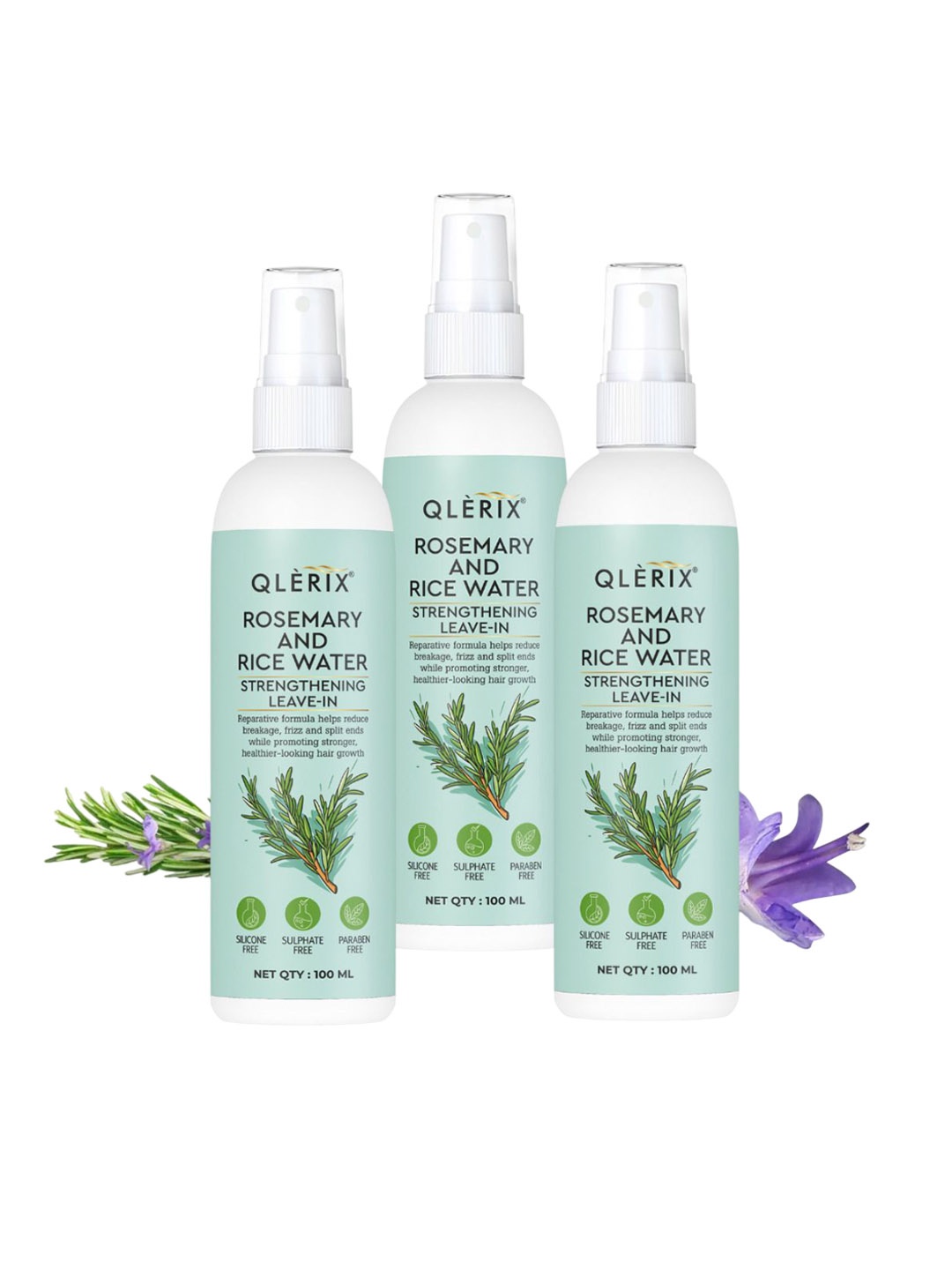 

QLERIX Set Of 3 Rosemary & Rice Water Hair Spray - 100 ml Each, Transparent