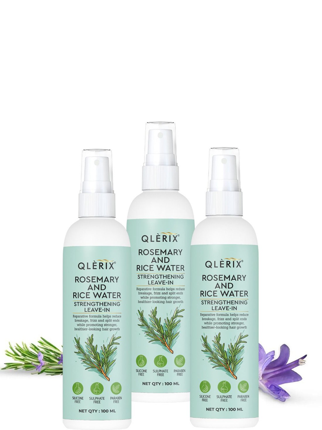 

QLERIX Set Of 3 Rosemary & Rice Water Leave-In Spray For Strengthening Hair - 100 ml Each, Transparent