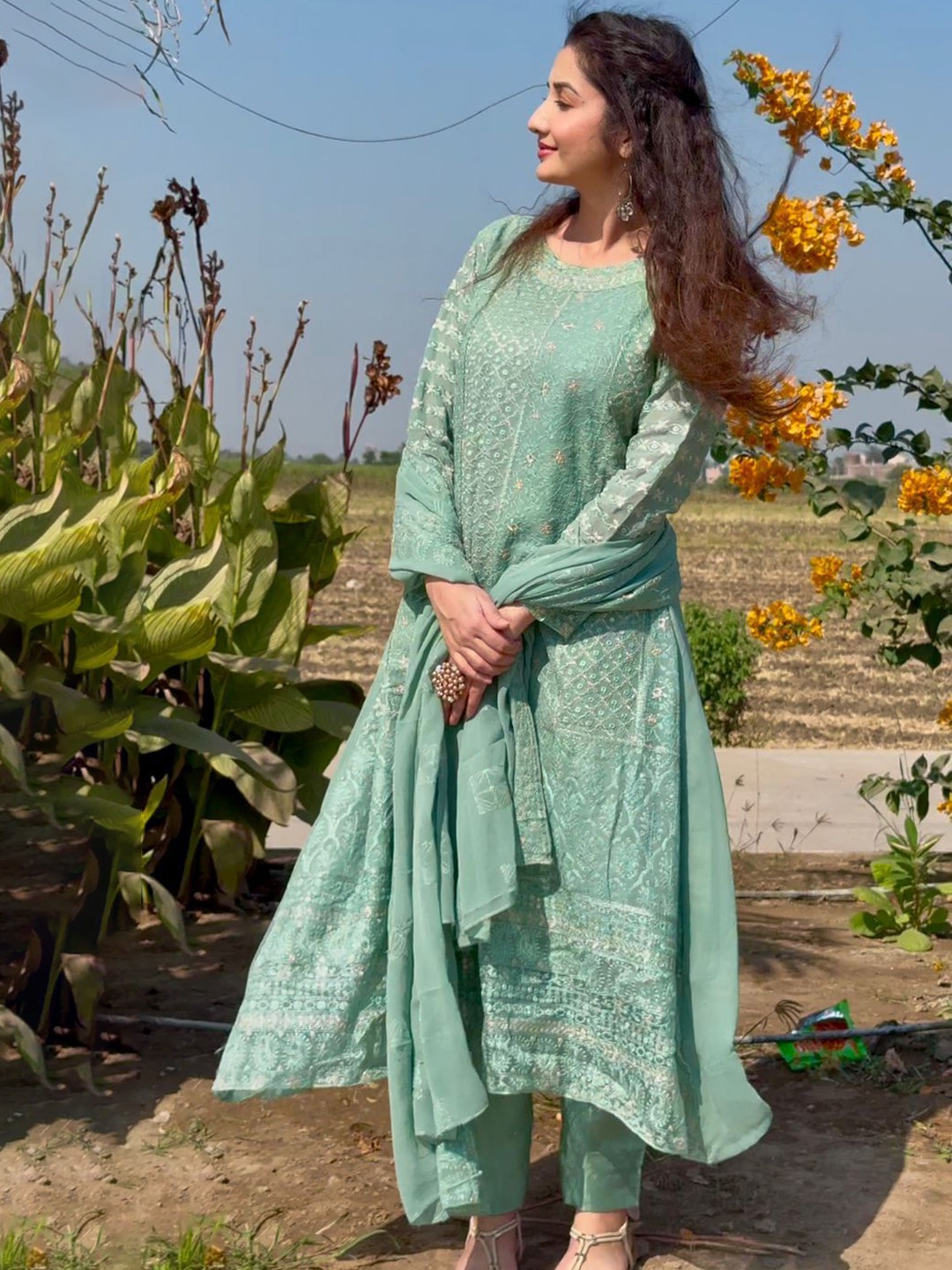 ANAMSA Floral Embroidered Sequinned Georgette A-Line Kurta With Trousers & Dupatta, Green