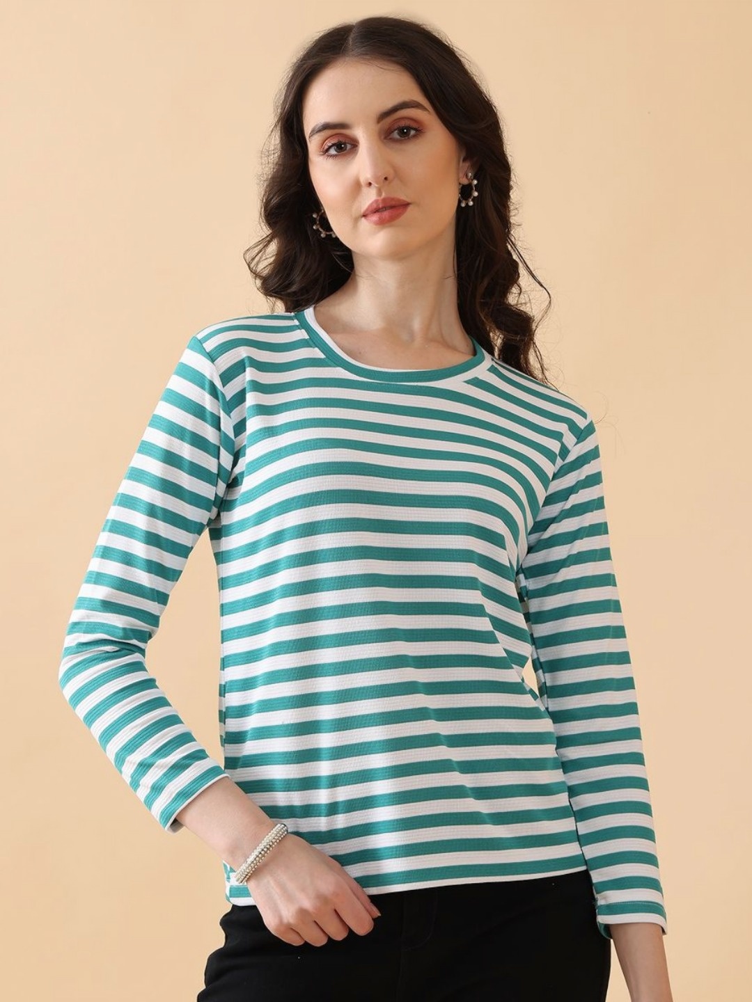 

Kinjo Women Striped Round Neck Woollen T-shirt, Turquoise blue