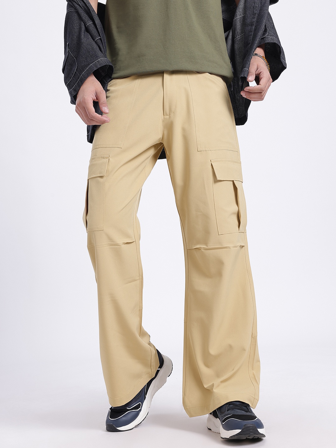 

glitchez Men Baggy Swag Mid-Rise Cargo Style Trousers, Khaki