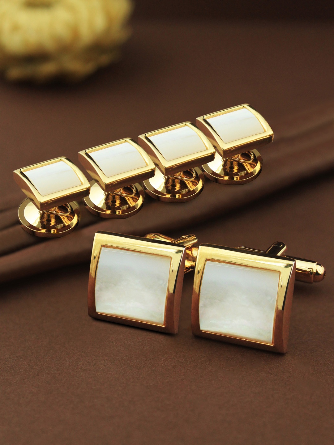 

House of Pataudi Mother of Pearl Gold-Plated Pearls Studded Cufflinks & Shirt Studs