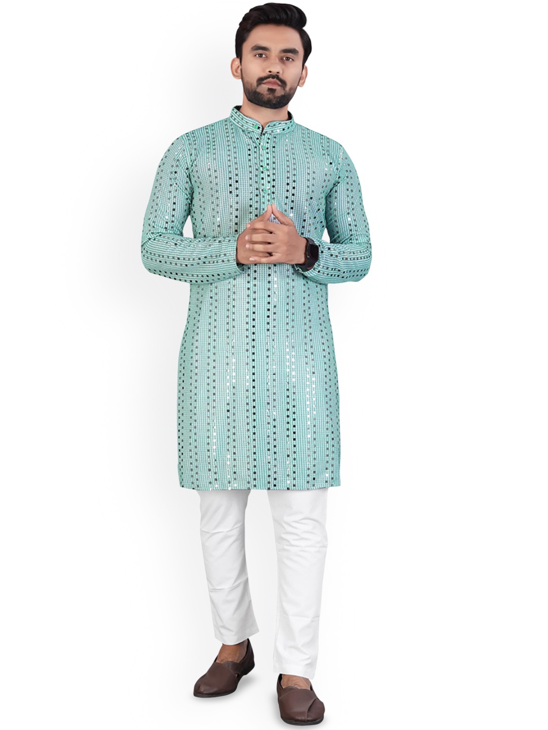 

BLURR Geometric Printed Mandarin Collar Straight Kurta, Sea green