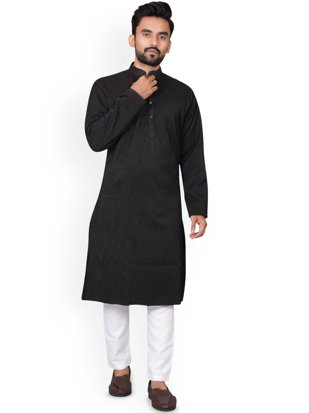 

BLURR Striped Mandarin Collar Long Sleeves Thread Work Straight Kurta, Black