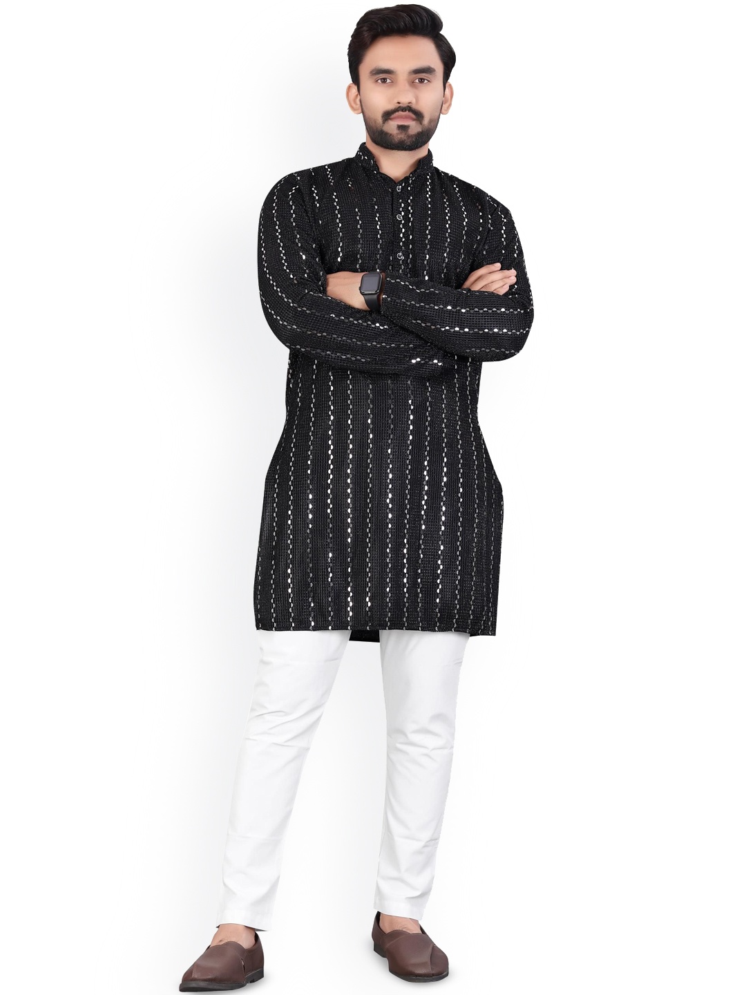 

BLURR Striped Mandarin Collar Long Sleeves Sequinned Straight Kurta, Black