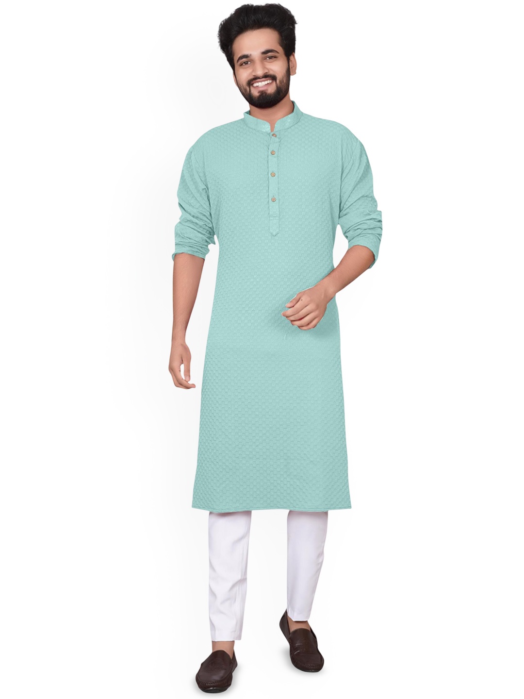 

BLURR Embroidered Mandarin Collar Thread Work Straight Kurta, Blue