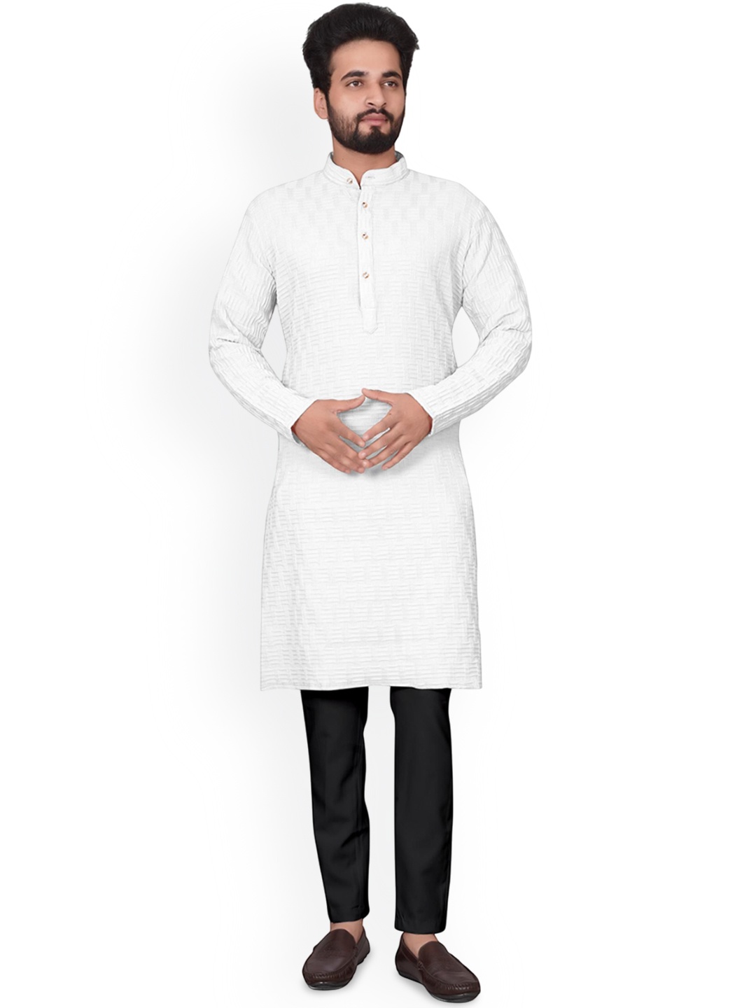 

BLURR Woven Design Mandarin Collar Long Sleeves Straight Kurta, White