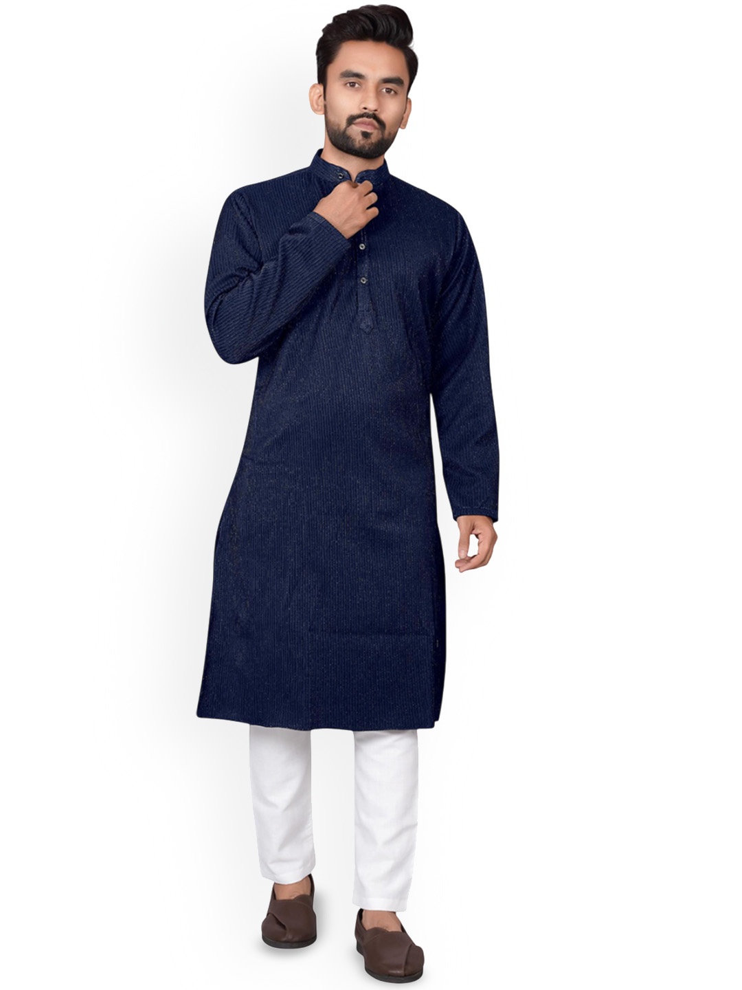 

BLURR Striped Mandarin Collar Long Sleeves Straight Kurta, Navy blue