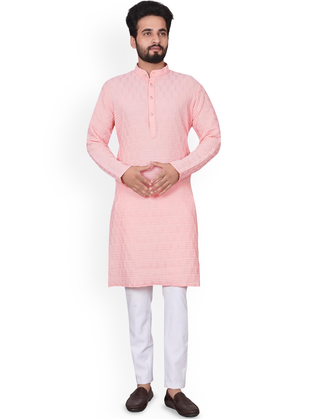 

BLURR Woven Design Mandarin Collar Long Sleeves Straight Kurta, Peach