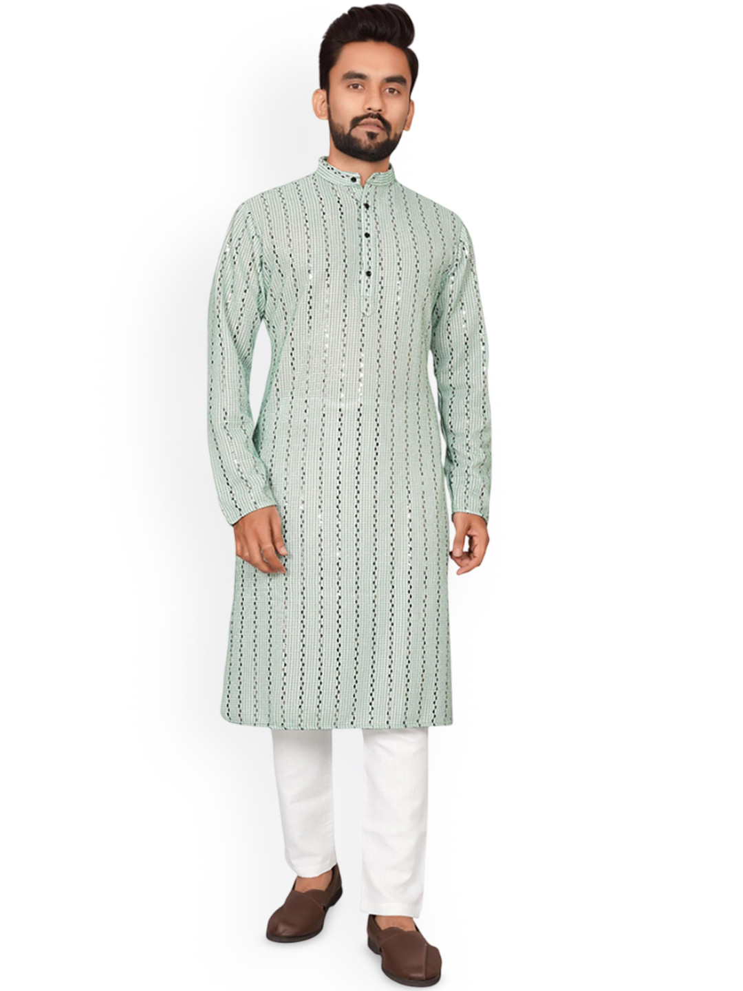 

BLURR Striped Mandarin Collar Long Sleeves Sequinned Straight Kurta, Green