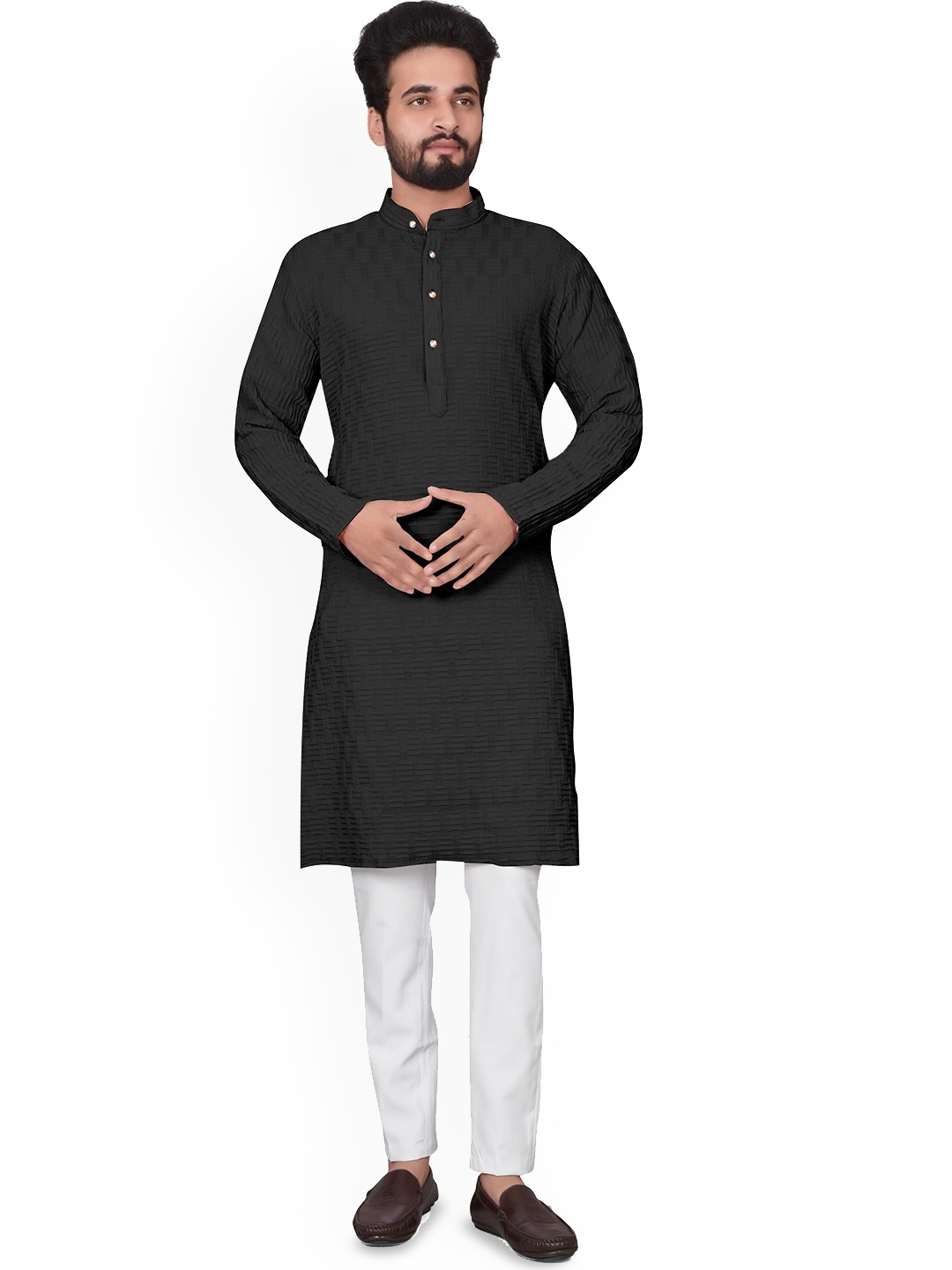 

BLURR Woven Design Mandarin Collar Long Sleeves Straight Kurta, Black