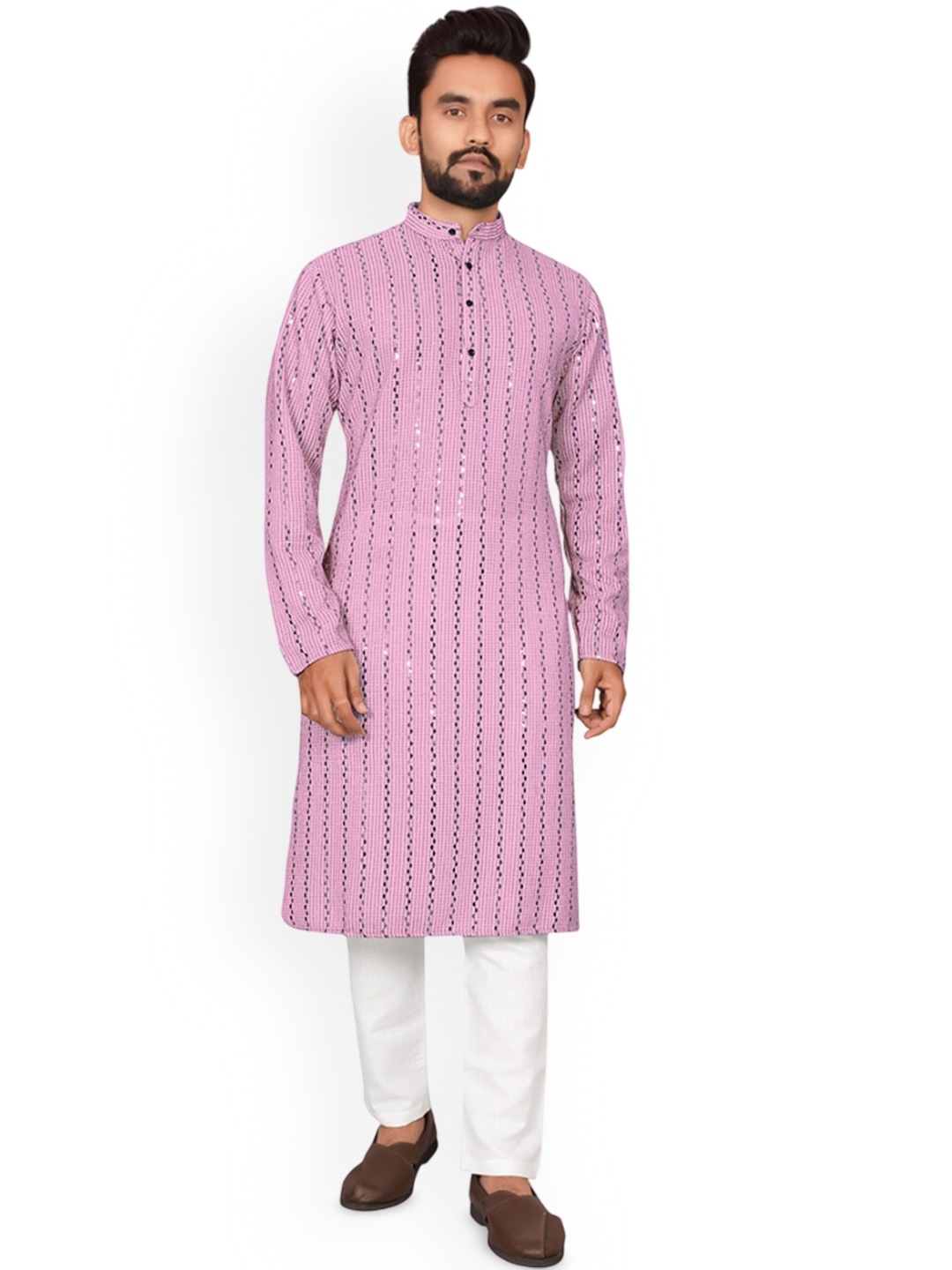 

BLURR Striped Mandarin Collar Long Sleeves Sequinned Straight Kurta, Pink