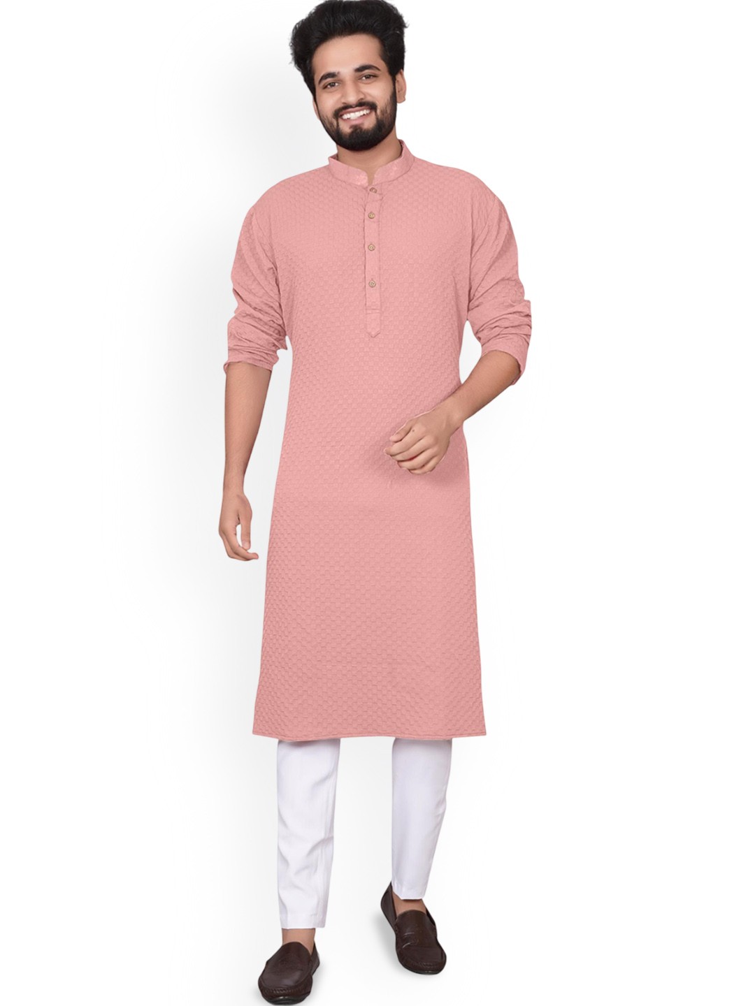 

BLURR Embroidered Mandarin Collar Thread Work Straight Kurta, Peach