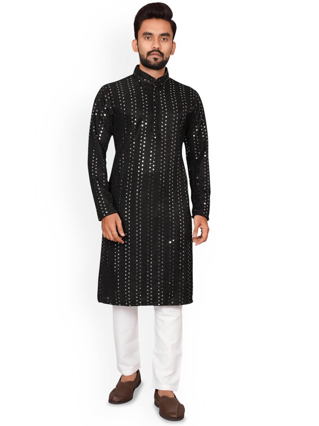 

BLURR Geometric Printed Mandarin Collar Long Sleeves Mirror Work Straight Kurta, Black
