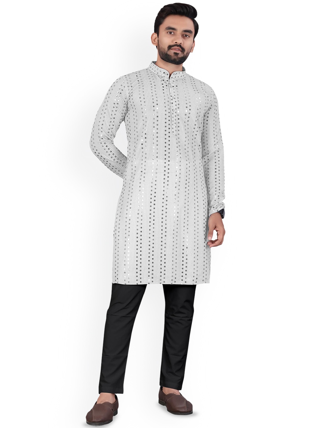 

BLURR Striped Mandarin Collar Long Sleeves Sequinned Straight Kurta, White