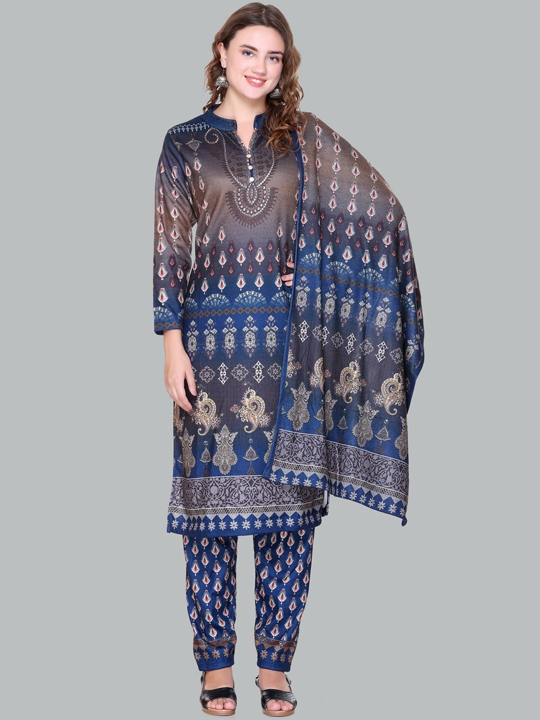 

Pink Berry Floral Printed Mandarin Collar Straight Kurta With Trousers And Dupatta, Blue