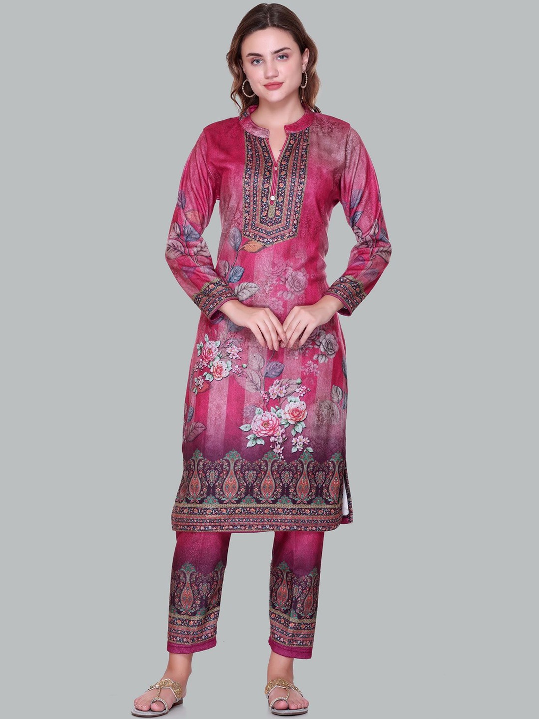 

Pink Berry Floral Printed Mandarin Collar Straight Kurta With Trousers And Dupatta