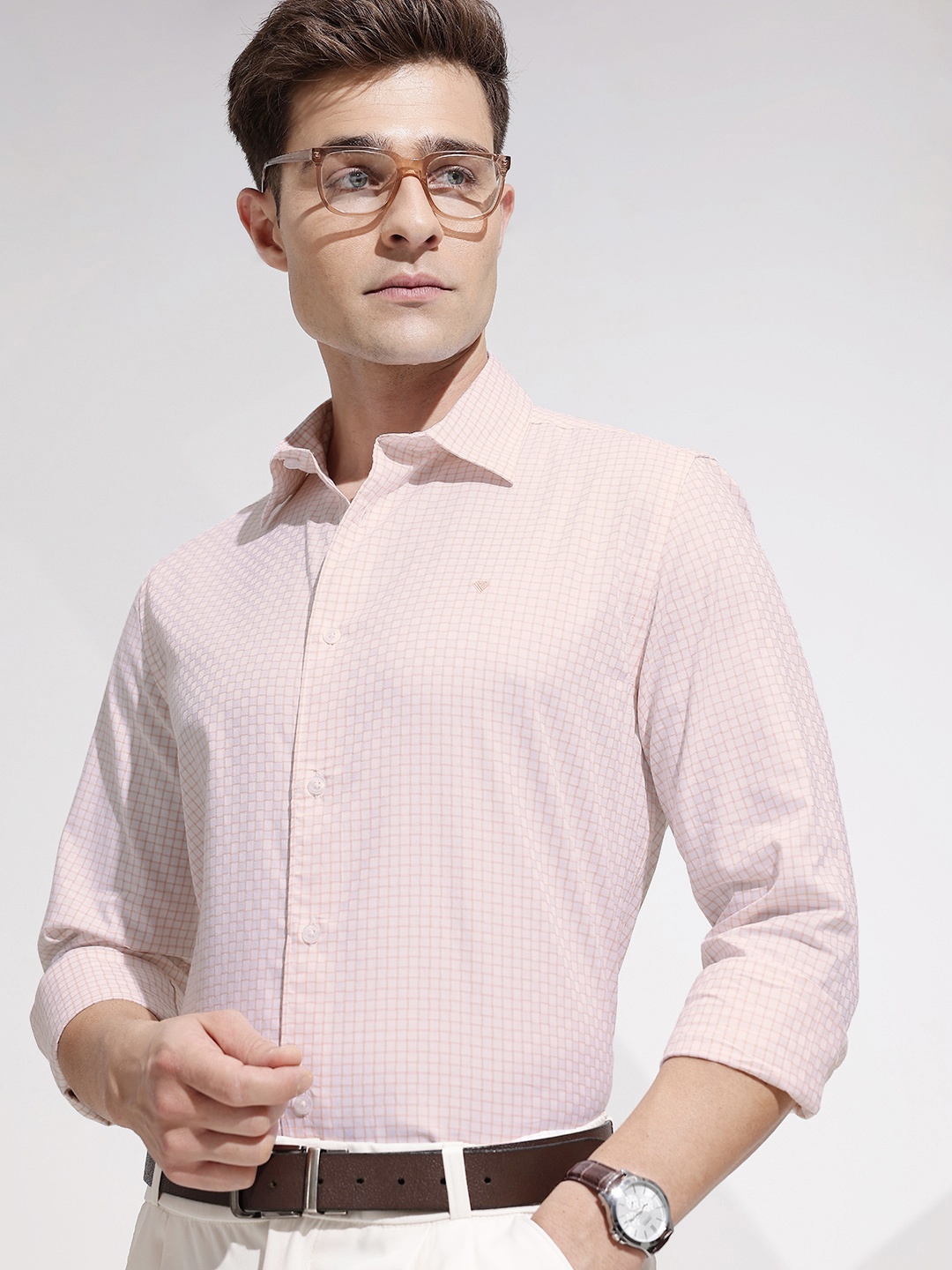 

INVICTUS Urban Slim Fit Micro Checks Opaque Pure Cotton Formal Shirt, White