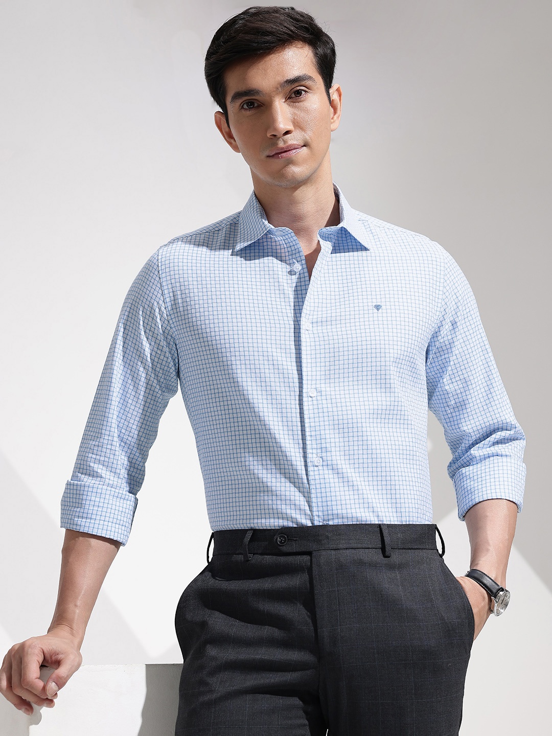 

INVICTUS Slim Fit Micro Checks Opaque Pure Cotton Formal Shirt, Blue
