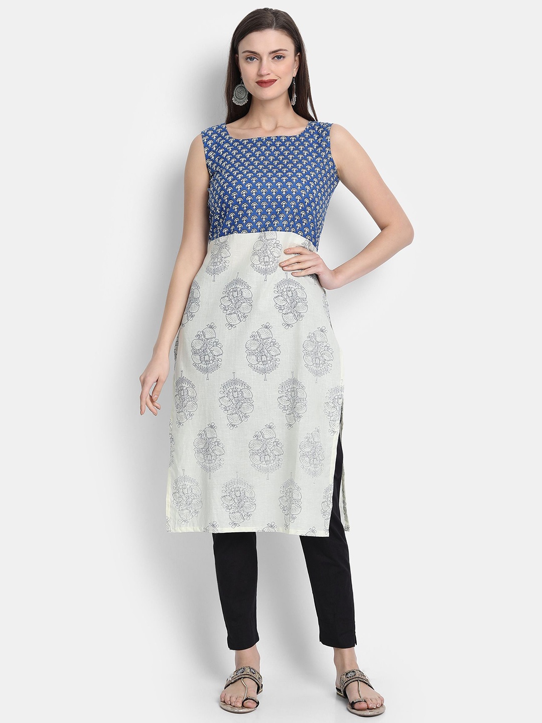 

KUMARI Floral Printed Square Neck Pure Cotton Straight Kurtas, Blue