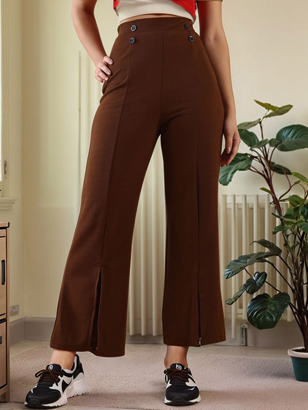 

DressBerry Women Flared High-Rise Easy Wash Trousers, Coffee brown