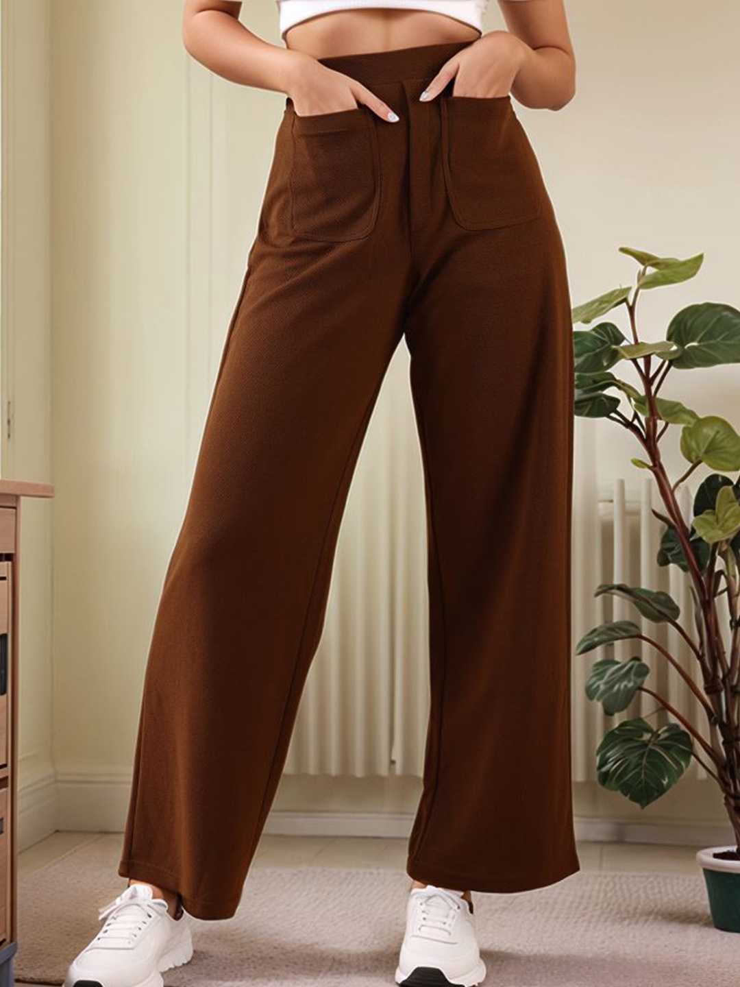 

DressBerry Women High-Rise Easy Wash Trousers, Coffee brown