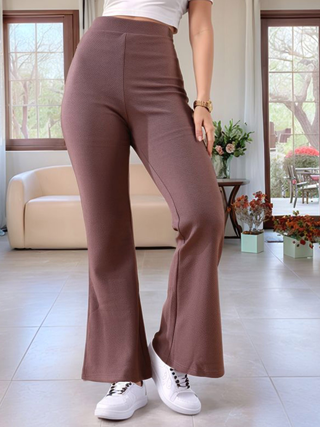 

DressBerry Women Flared High-Rise Wide Leg Easy Wash Trousers, Brown