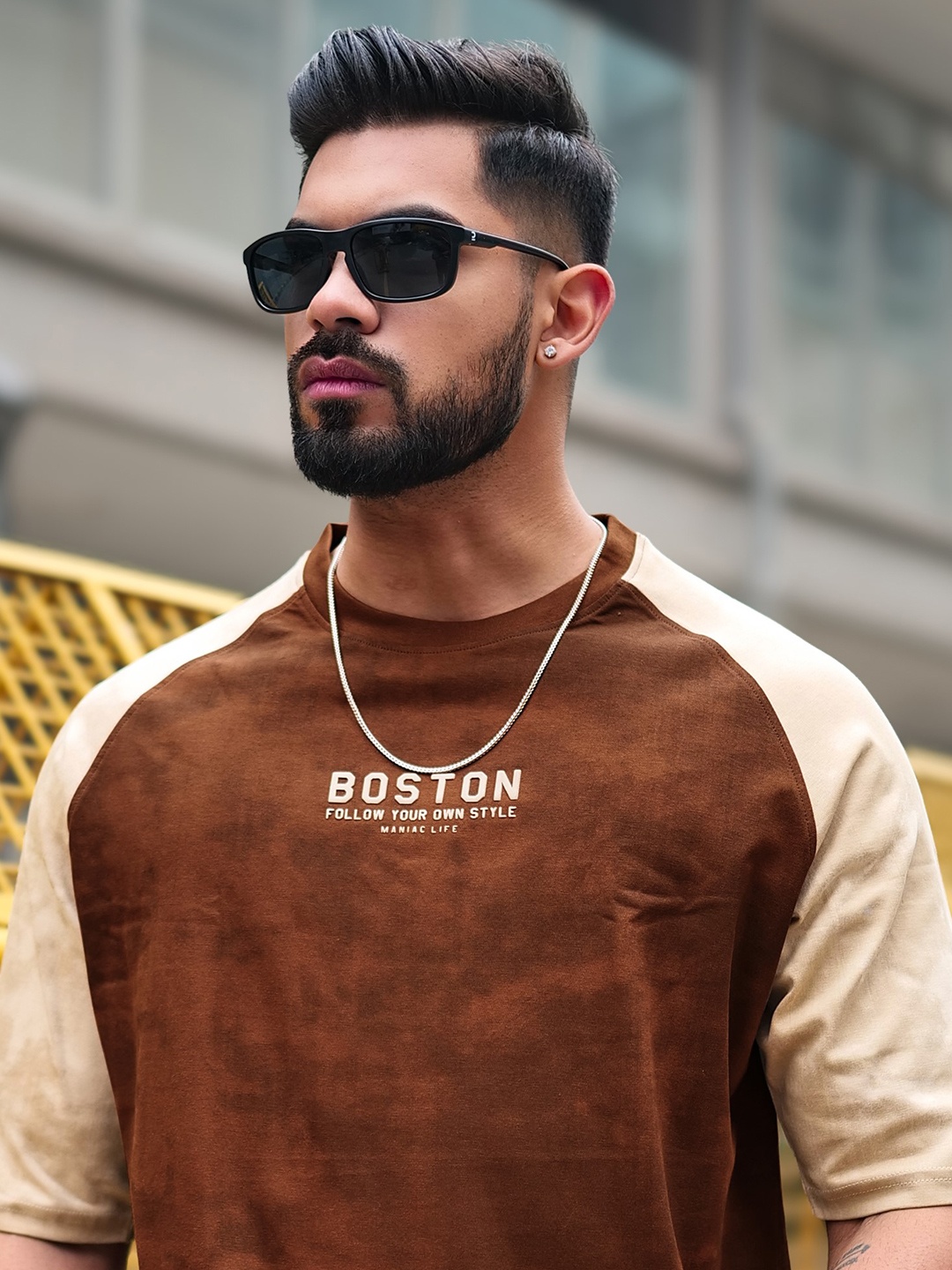 

Maniac Men Typography Printed Round Neck Cotton Relaxed Fit T-shirt, Brown