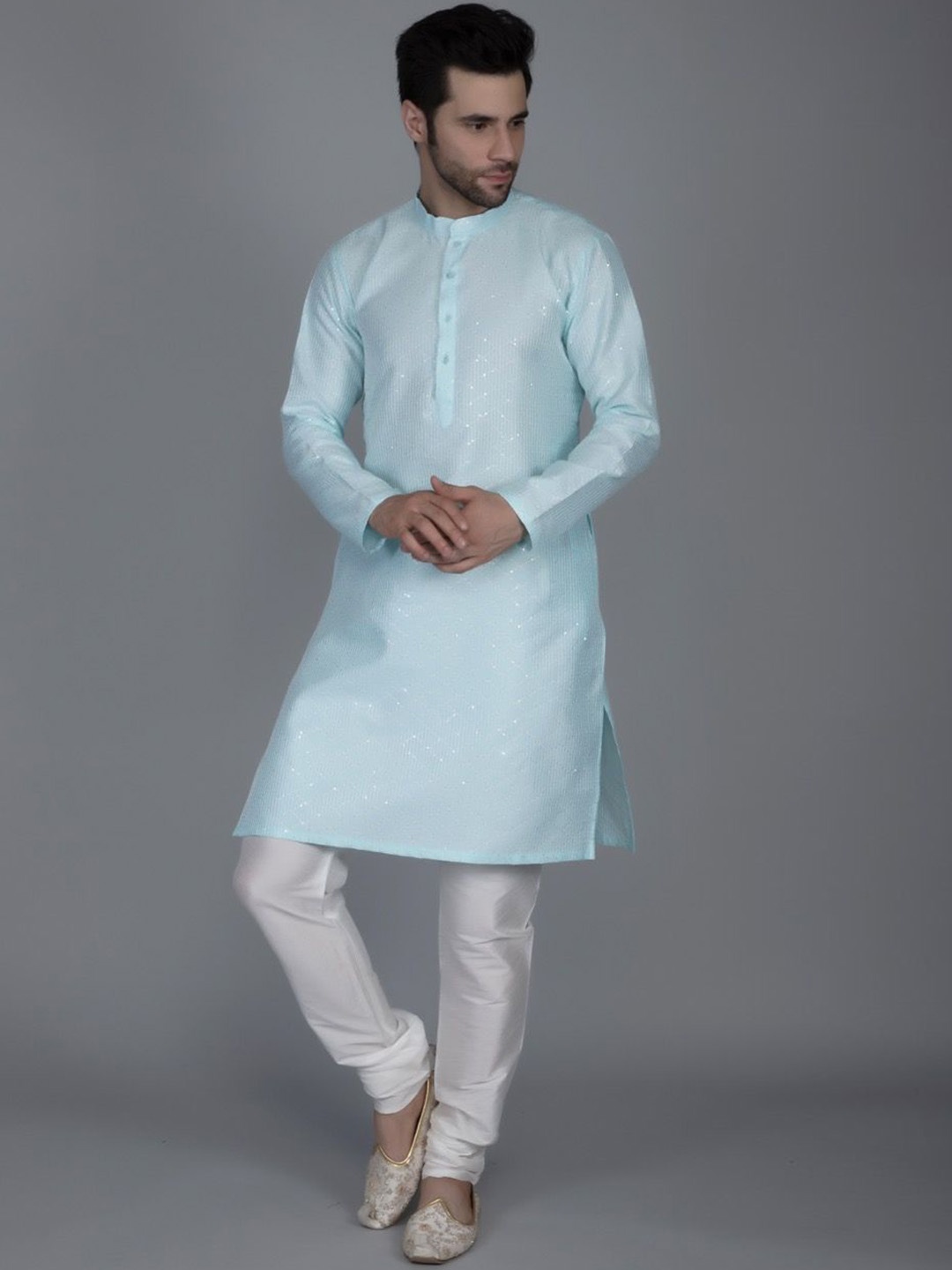 

Ethluxis Woven Design Embroidered Mandarin Collar Straight Thread Work Kurta With Churidar, Blue