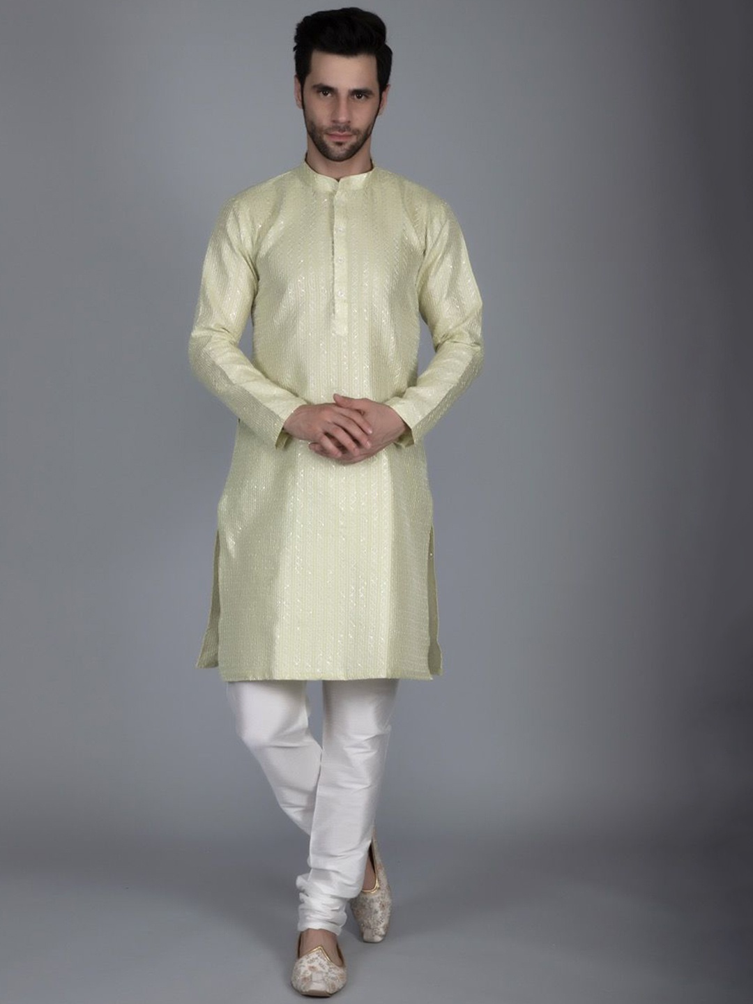 

Ethluxis Woven Design Embroidered Mandarin Collar Straight Thread Work Kurta With Churidar, Green