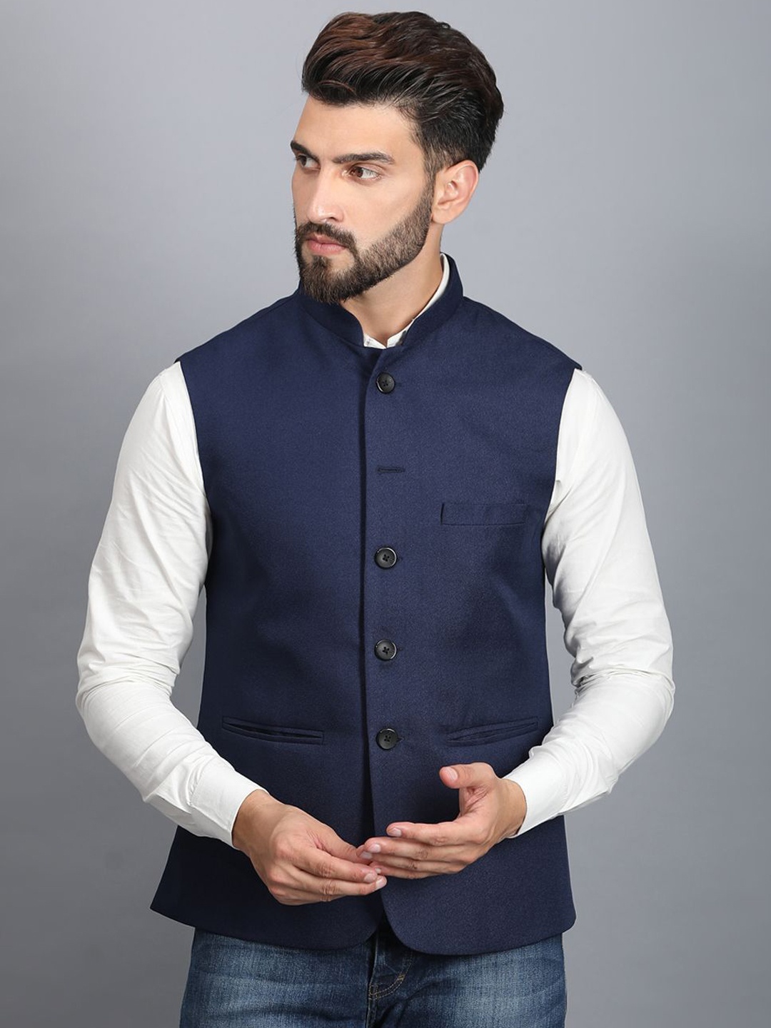 

Ethluxis Men Mandarin Collar Woven Nehru Jackets, Navy blue