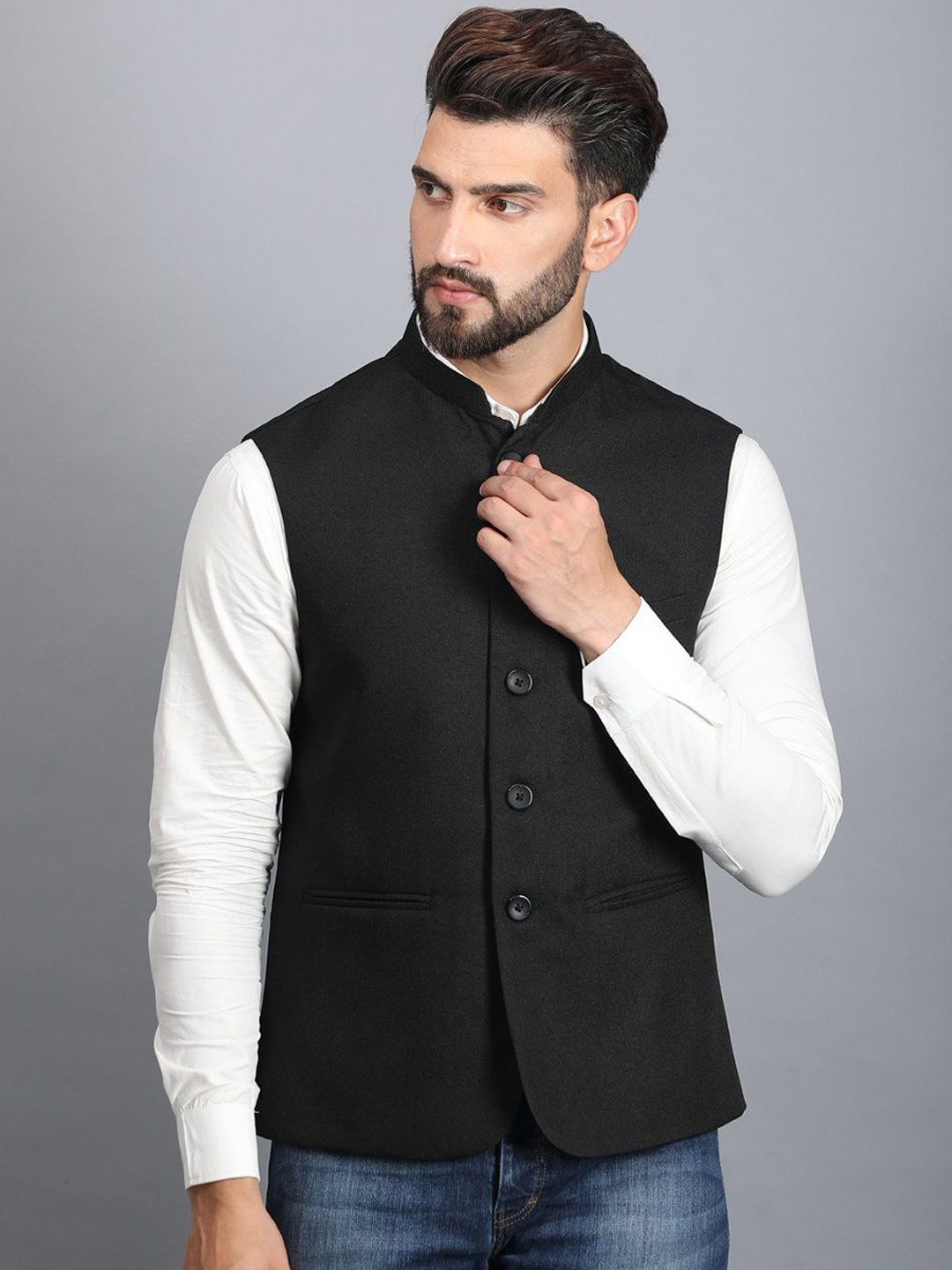 

Ethluxis Men Mandarin Collar Woven Nehru Jackets, Black
