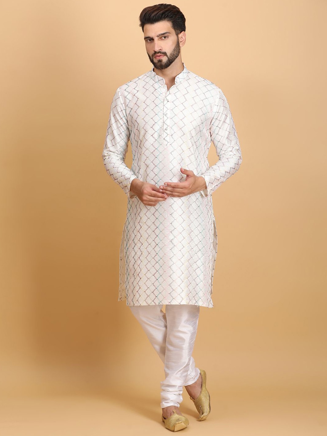 

Ethluxis Woven Design Embroidered Mandarin Collar Straight Thread Work Kurta With Churidar, Cream