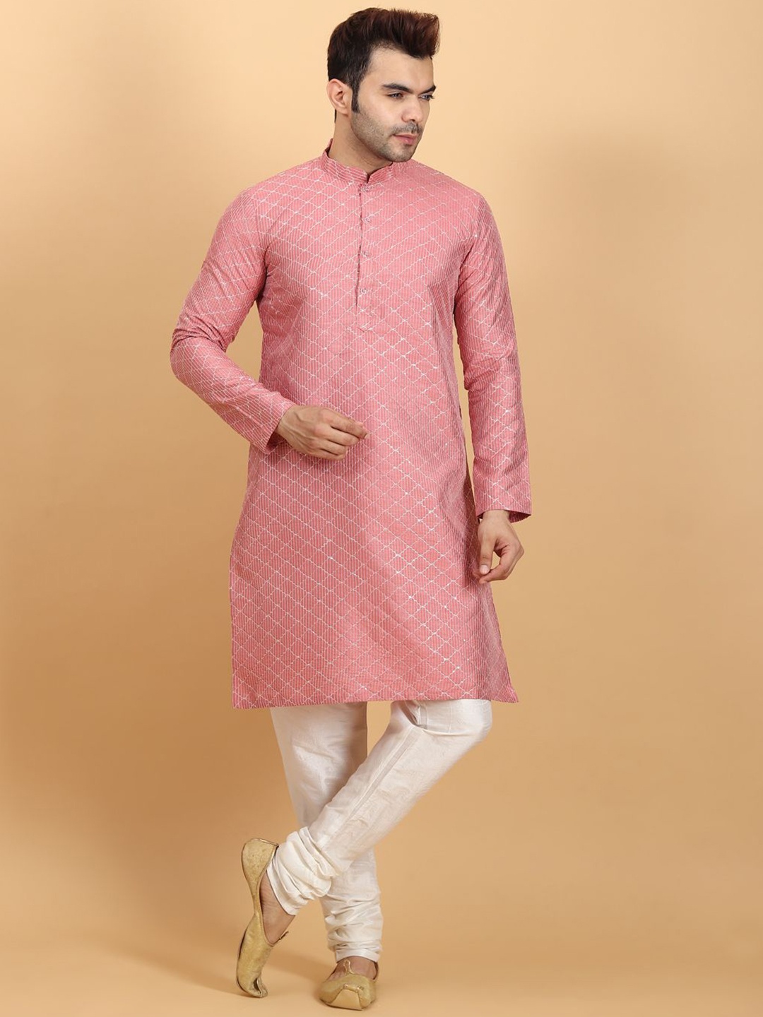 

Ethluxis Checked Embroidered Mandarin Collar Straght Thread Work Kurta With Churidar, Pink